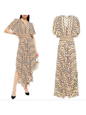 MAJE Rachelli Shirred Asymmetrical Hem Printed Dress 40